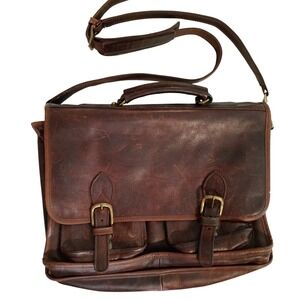 Vintage Full Grain Leather Messenger Bag 16x12x5 Heavy Brass Buckles Patina
